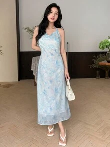 DAZY Đầm Vắt Buộc lại Hoa Tất cả trên in Thanh lịch - Màu xanh lam - Xem 3