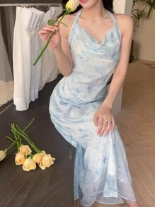 DAZY Đầm Vắt Buộc lại Hoa Tất cả trên in Thanh lịch - Màu xanh lam - Xem 4