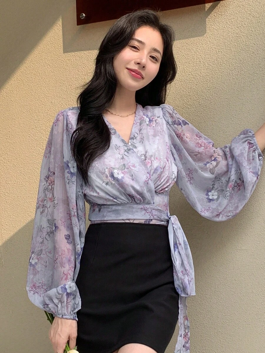 DAZY Floral Print Lantern Sleeve Knot Side Wrap Blouse - Mauve Purple - View 1
