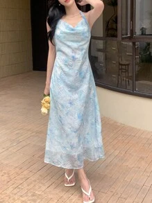 DAZY Đầm Vắt Buộc lại Hoa Tất cả trên in Thanh lịch - Màu xanh lam - Xem 6