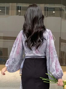 DAZY Floral Print Lantern Sleeve Knot Side Wrap Blouse - Mauve Purple - View 2
