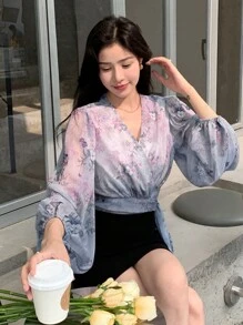 DAZY Floral Print Lantern Sleeve Knot Side Wrap Blouse - Mauve Purple - View 3