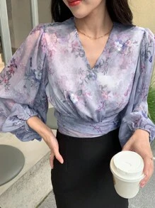 DAZY Floral Print Lantern Sleeve Knot Side Wrap Blouse - Mauve Purple - View 5
