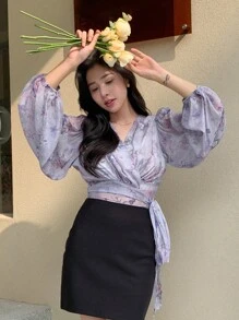 DAZY Floral Print Lantern Sleeve Knot Side Wrap Blouse - Mauve Purple - View 6