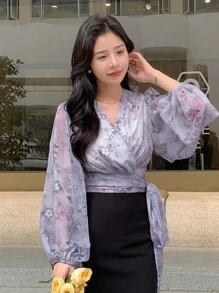 DAZY Floral Print Lantern Sleeve Knot Side Wrap Blouse - Mauve Purple - View 8
