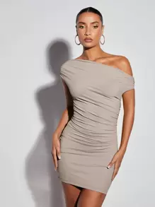 SHEIN BAE Asymmetrical Neck Ruched Bodycon Dress - Beige - View 5