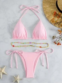 Swim Basics Summer Beach Halter Triangle Tie Side Bikini Set - Baby Pink - View 3
