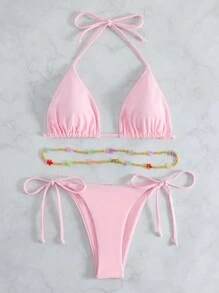 Swim Basics Summer Beach Halter Triangle Tie Side Bikini Set - Baby Pink - View 4