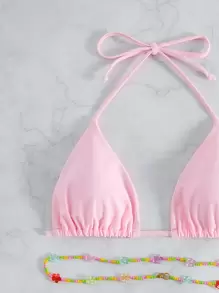 Swim Basics Summer Beach Halter Triangle Tie Side Bikini Set - Baby Pink - View 6