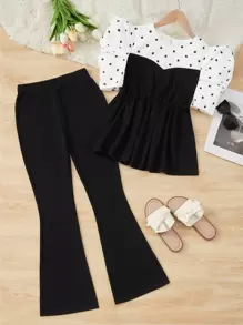 SHEIN 青少年女孩波點圖案泡泡袖花邊下擺上衣和喇叭褲 - 黑與白 - 查看 1