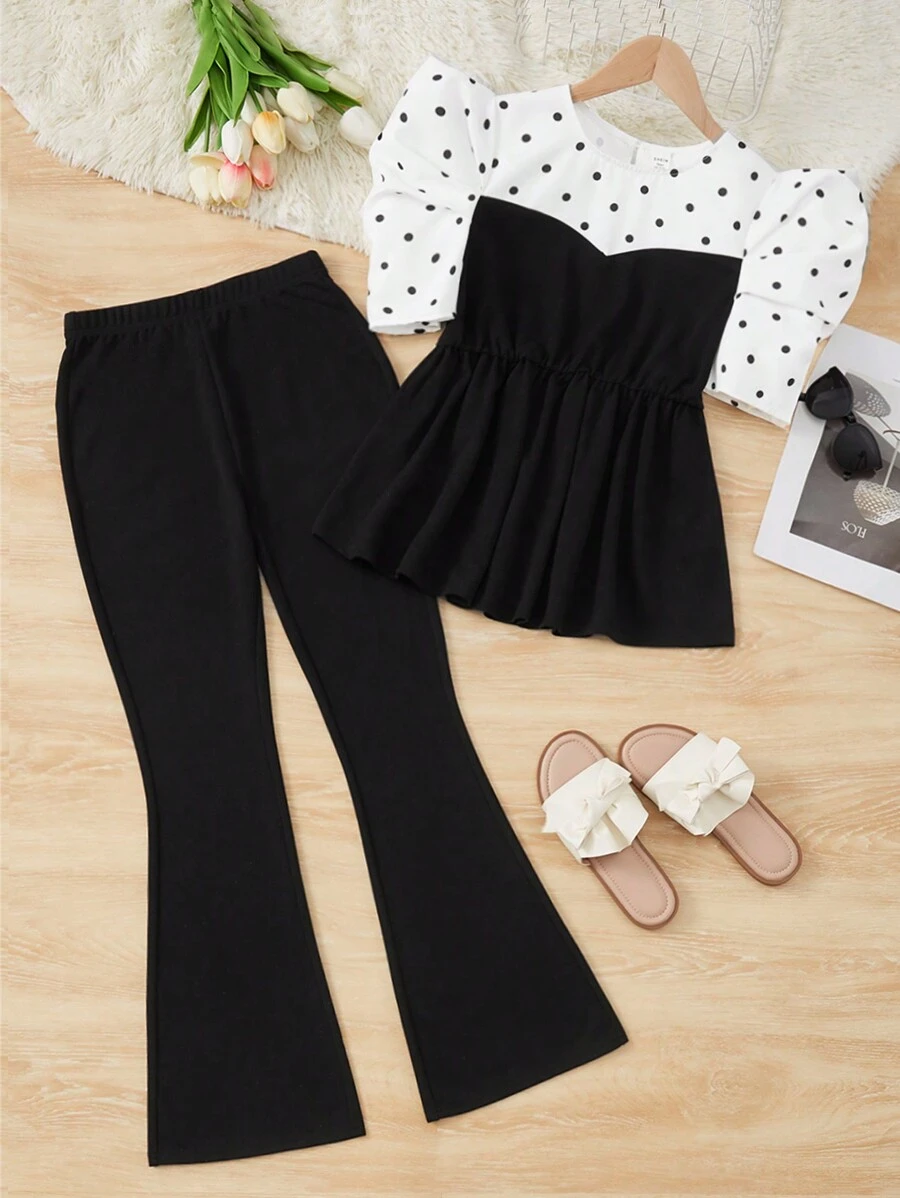 SHEIN 青少年女孩波點圖案泡泡袖花邊下擺上衣和喇叭褲 - 黑與白 - 查看 1