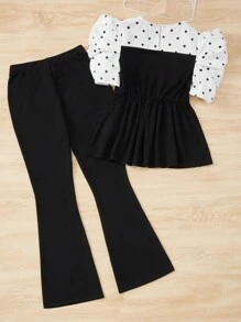 SHEIN 青少年女孩波點圖案泡泡袖花邊下擺上衣和喇叭褲 - 黑與白 - 查看 2