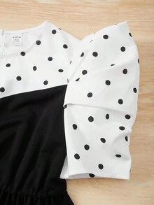 SHEIN 青少年女孩波點圖案泡泡袖花邊下擺上衣和喇叭褲 - 黑與白 - 查看 3
