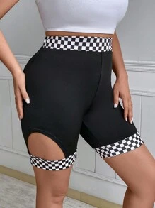 SHEIN Coolane 大碼棋盤格鏤空騎行褲 - 黑色 - 查看 1