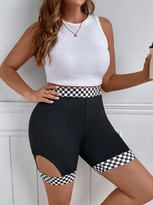 SHEIN Coolane 大碼棋盤格鏤空騎行褲 - 黑色 - 查看 4