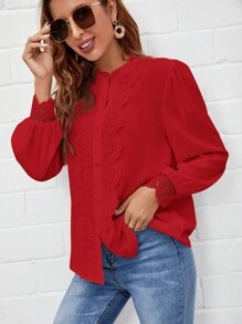 SHEIN Frenchy 水溶蕾絲拼接燈籠袖襯衫 - 紅色 - 查看 4