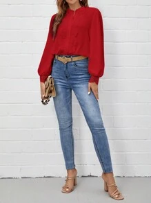 SHEIN Frenchy 水溶蕾絲拼接燈籠袖襯衫 - 紅色 - 查看 5