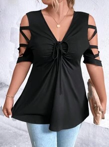 SHEIN Unity Áo thun Plus size Cắt ra Dây kéo Xù màu trơn Giải trí - màu đen - Xem 1