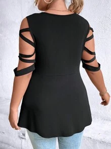 SHEIN Unity Áo thun Plus size Cắt ra Dây kéo Xù màu trơn Giải trí - màu đen - Xem 2