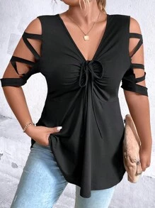 SHEIN Unity Áo thun Plus size Cắt ra Dây kéo Xù màu trơn Giải trí - màu đen - Xem 3