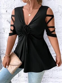 SHEIN Unity Áo thun Plus size Cắt ra Dây kéo Xù màu trơn Giải trí - màu đen - Xem 4