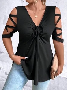 SHEIN Unity Áo thun Plus size Cắt ra Dây kéo Xù màu trơn Giải trí - màu đen - Xem 6