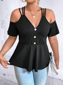 SHEIN LUNE Áo thun Plus size Viên lá sen Nút phía trước màu trơn Giải trí - màu đen - Xem 5