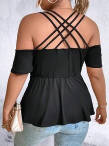 SHEIN LUNE Áo thun Plus size Viên lá sen Nút phía trước màu trơn Giải trí - màu đen - Xem 2