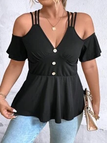SHEIN LUNE Áo thun Plus size Viên lá sen Nút phía trước màu trơn Giải trí - màu đen - Xem 3