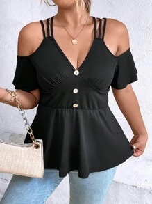 SHEIN LUNE Áo thun Plus size Viên lá sen Nút phía trước màu trơn Giải trí - màu đen - Xem 1
