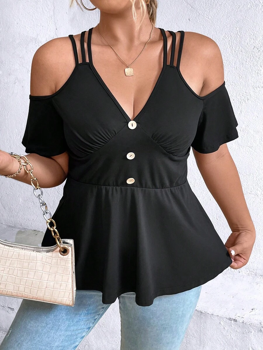 SHEIN LUNE Áo thun Plus size Viên lá sen Nút phía trước màu trơn Giải trí - màu đen - Xem 1