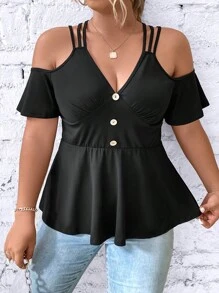 SHEIN LUNE Áo thun Plus size Viên lá sen Nút phía trước màu trơn Giải trí - màu đen - Xem 6