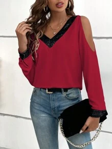 EMERY ROSE 亮片拼接挖肩襯衫 - 酒紅色 - 查看 5