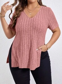 SHEIN Essnce Áo thun Plus size Chia Gân đan màu trơn Giải trí - Bụi hồng - Xem 1