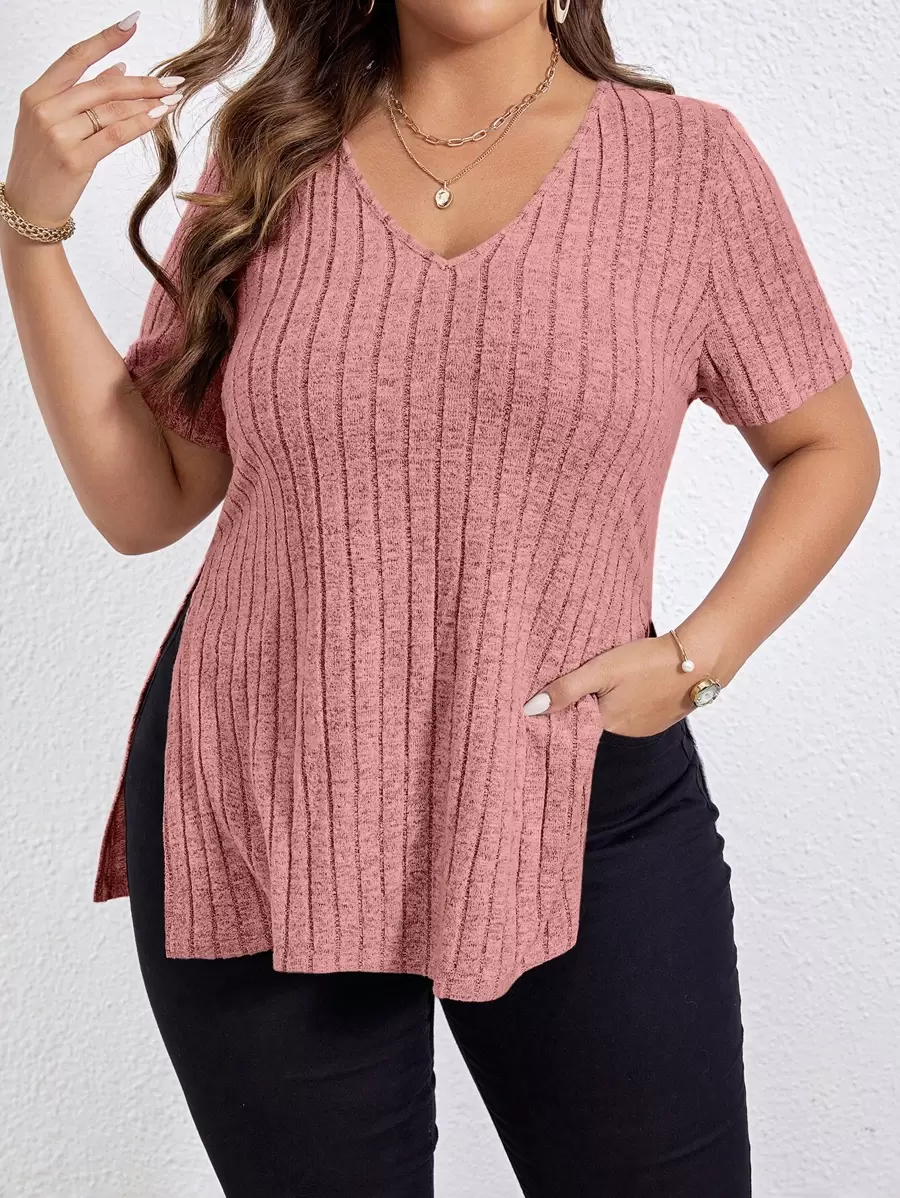 SHEIN Essnce Áo thun Plus size Chia Gân đan màu trơn Giải trí - Bụi hồng - Xem 1