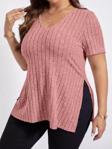 SHEIN Essnce Áo thun Plus size Chia Gân đan màu trơn Giải trí - Bụi hồng - Xem 5