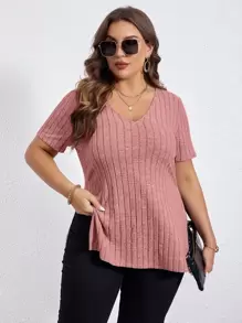 SHEIN Essnce Áo thun Plus size Chia Gân đan màu trơn Giải trí - Bụi hồng - Xem 7