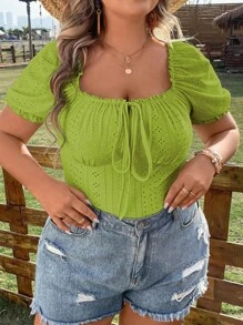 Calvaya 大碼網眼刺繡前繫帶T恤 - 芥末黃 - 查看 1