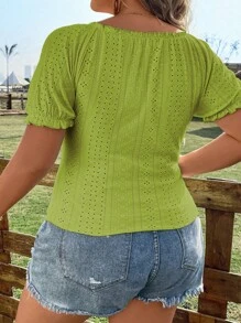 Calvaya 大碼網眼刺繡前繫帶T恤 - 芥末黃 - 查看 2