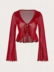 SHEIN ICON Áo nữ Bất đối xứng Xù cắt Thắt nơ trước màu trơn Gợi cảm - Đỏ - Xem 1