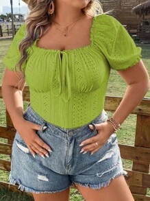 Calvaya 大碼網眼刺繡前繫帶T恤 - 芥末黃 - 查看 5