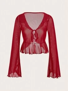 SHEIN ICON Áo nữ Bất đối xứng Xù cắt Thắt nơ trước màu trơn Gợi cảm - Đỏ - Xem 2