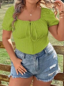 Calvaya 大碼網眼刺繡前繫帶T恤 - 芥末黃 - 查看 6