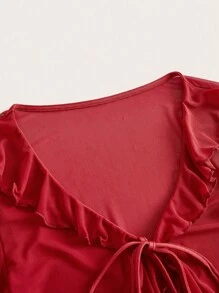 SHEIN ICON Áo nữ Bất đối xứng Xù cắt Thắt nơ trước màu trơn Gợi cảm - Đỏ - Xem 3