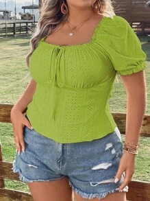 Calvaya 大碼網眼刺繡前繫帶T恤 - 芥末黃 - 查看 7