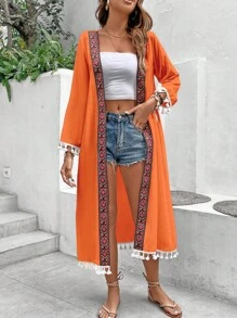 Contrast Geo Tape Tassel Trim Open Front Kimono, For Summer Beach Vacation - Burnt Orange - View 1