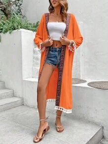 Contrast Geo Tape Tassel Trim Open Front Kimono, For Summer Beach Vacation - Burnt Orange - View 3