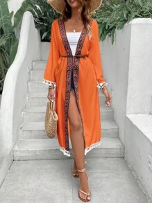 Contrast Geo Tape Tassel Trim Open Front Kimono, For Summer Beach Vacation - Burnt Orange - View 5