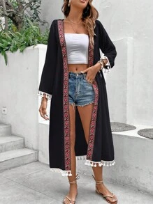 Contrast Geo Tape Tassel Trim Kimono - Black - View 1