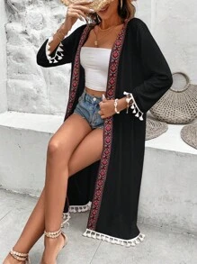 Contrast Geo Tape Tassel Trim Kimono - Black - View 3